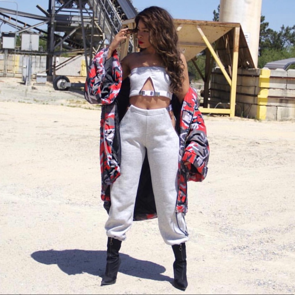 Two piece cut out gray sweat suit